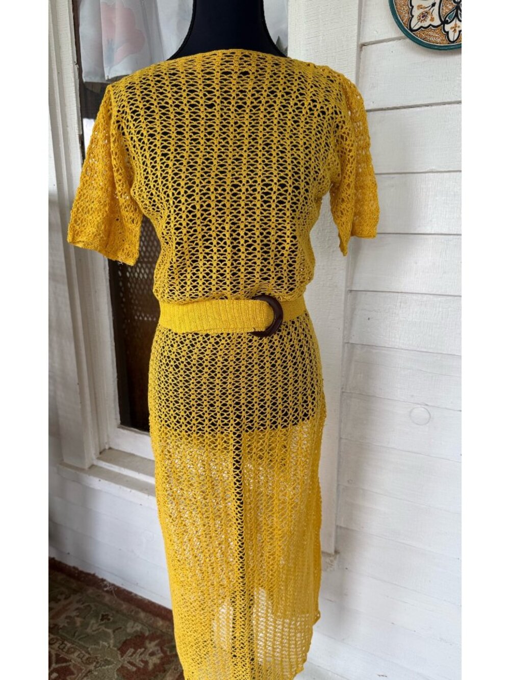 Vintage 1930s Mustard Yellow Cotton Crochet Tea Dress With Belt Size S - Picture 10 of 16